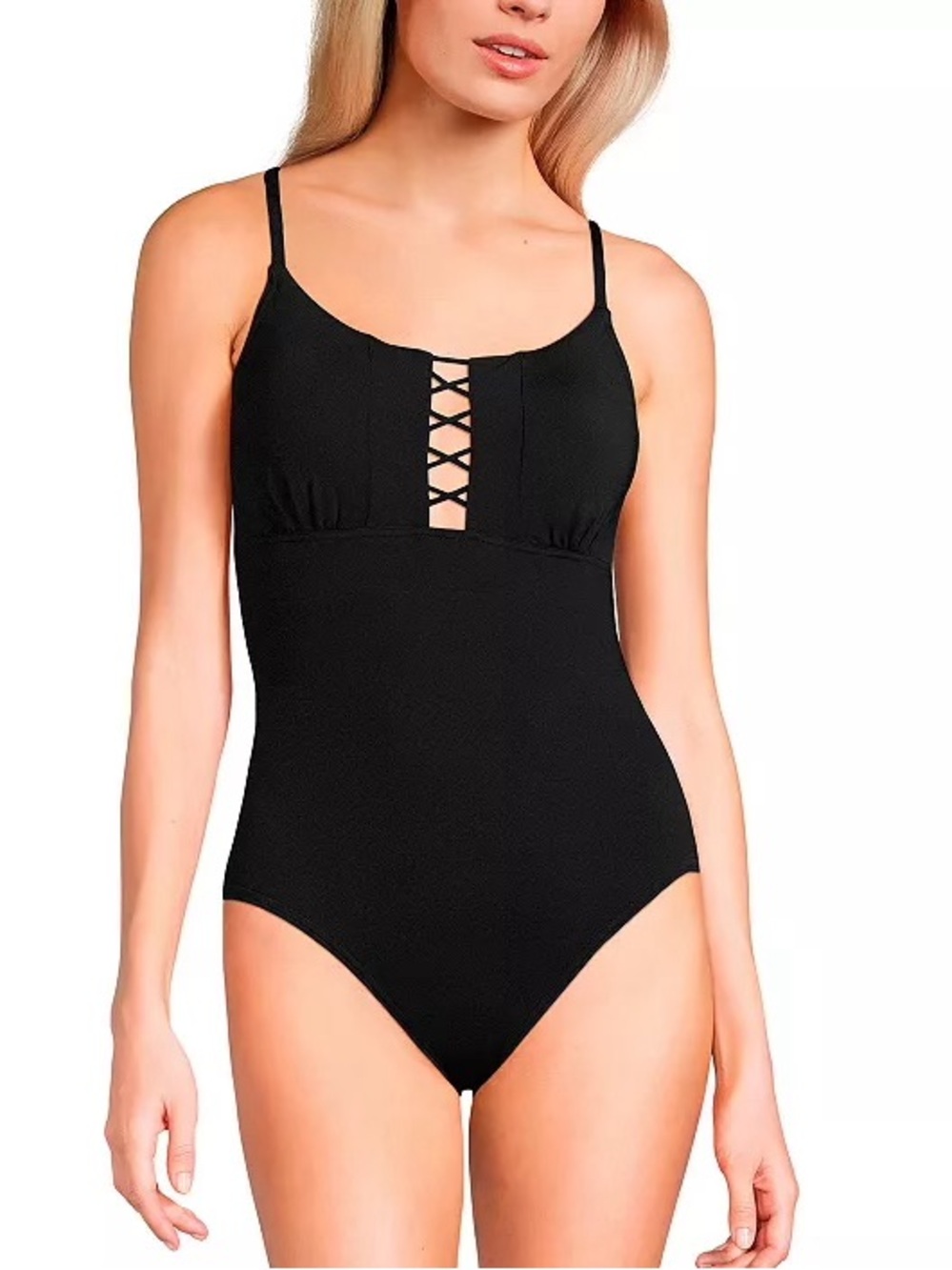 Lands' End Black One-Piece Swimsuit with Front Lattice Detail